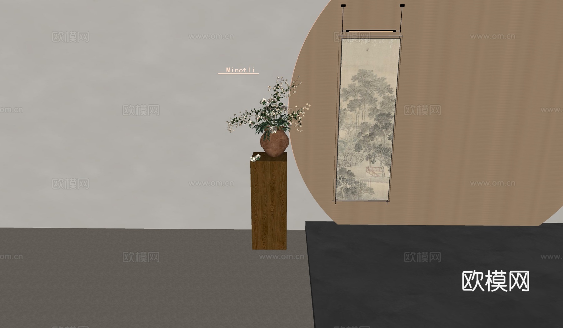 中式装饰挂画 花几花架花瓶su模型