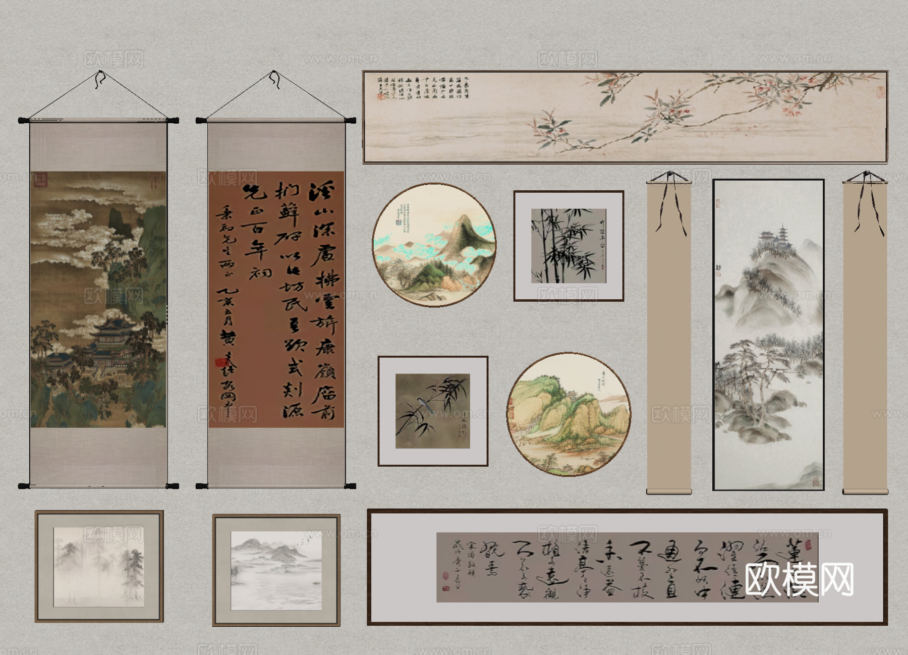 新中式挂画组合 装饰画 字画 国画 山水画 画卷 书法字画su模型
