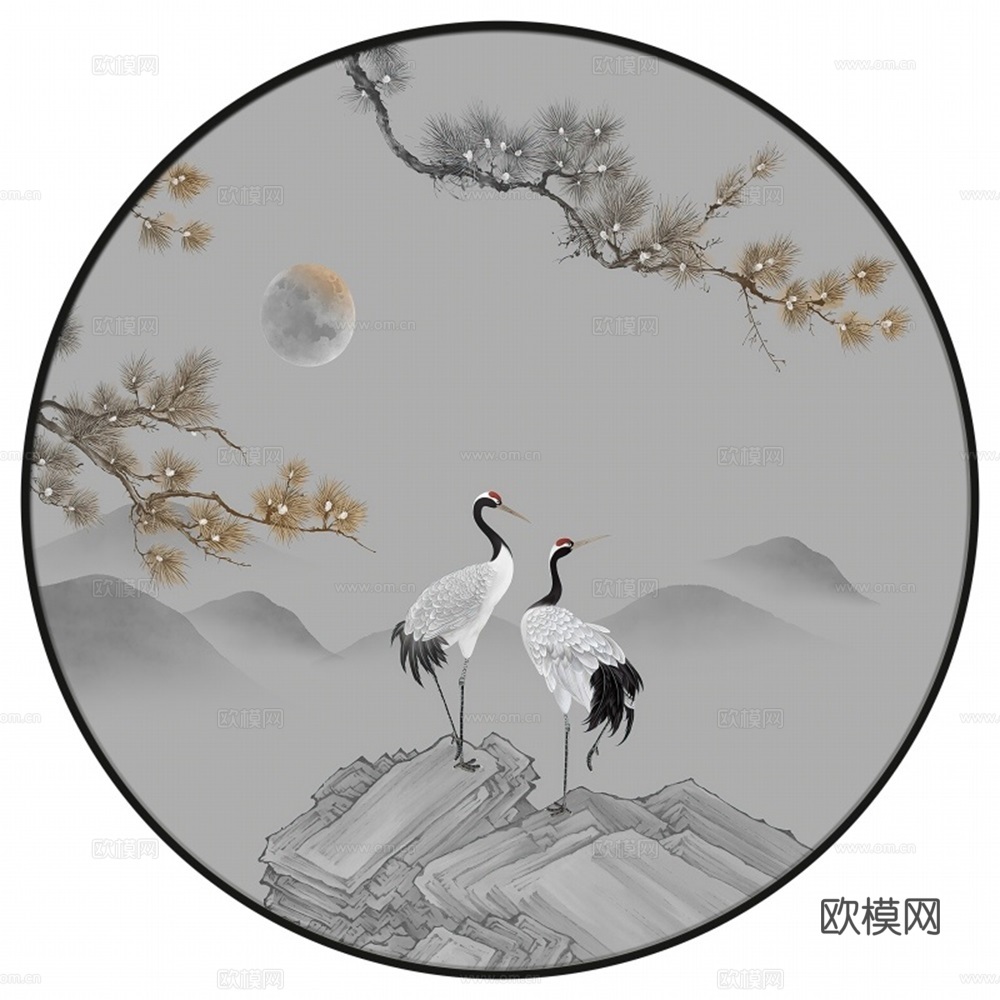 新中式圆形水墨山水装饰画壁画