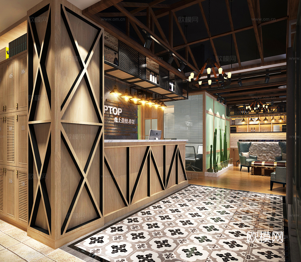 工业风理发店 植物 仙人掌 吧台 吊灯 办公室 柜子 躺椅3d模型
