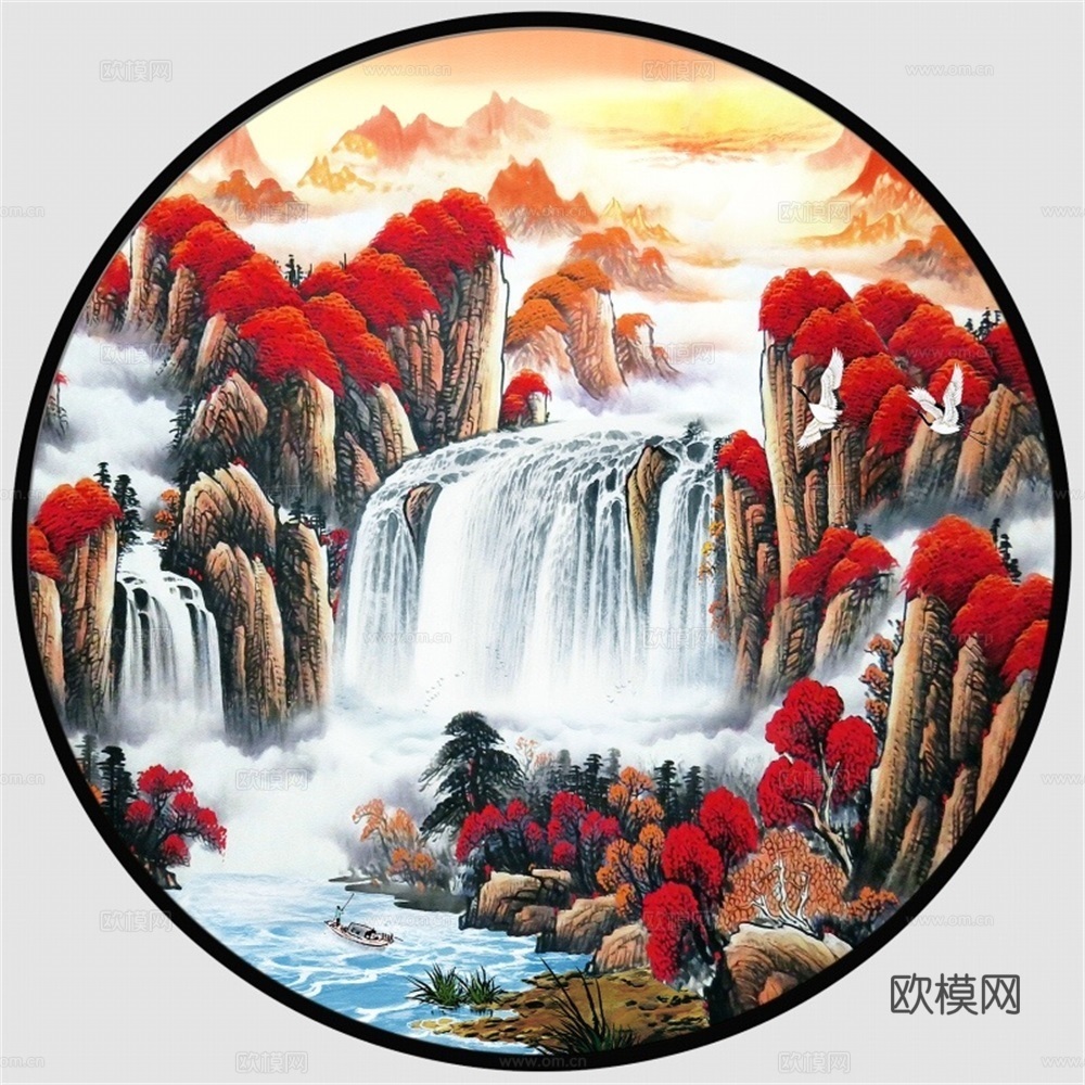 新中式圆形水墨山水装饰画壁画