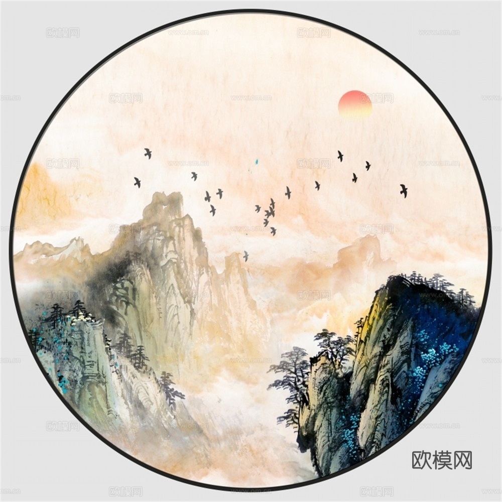 新中式圆形水墨山水装饰画壁画