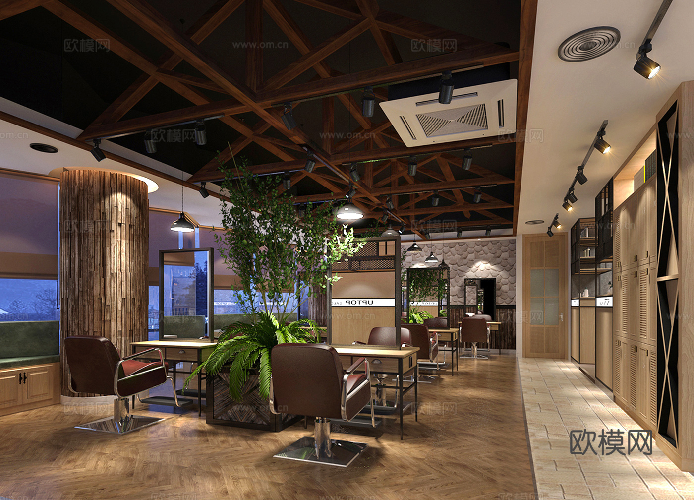 工业风理发店 植物 仙人掌 吧台 吊灯 办公室 柜子 躺椅3d模型