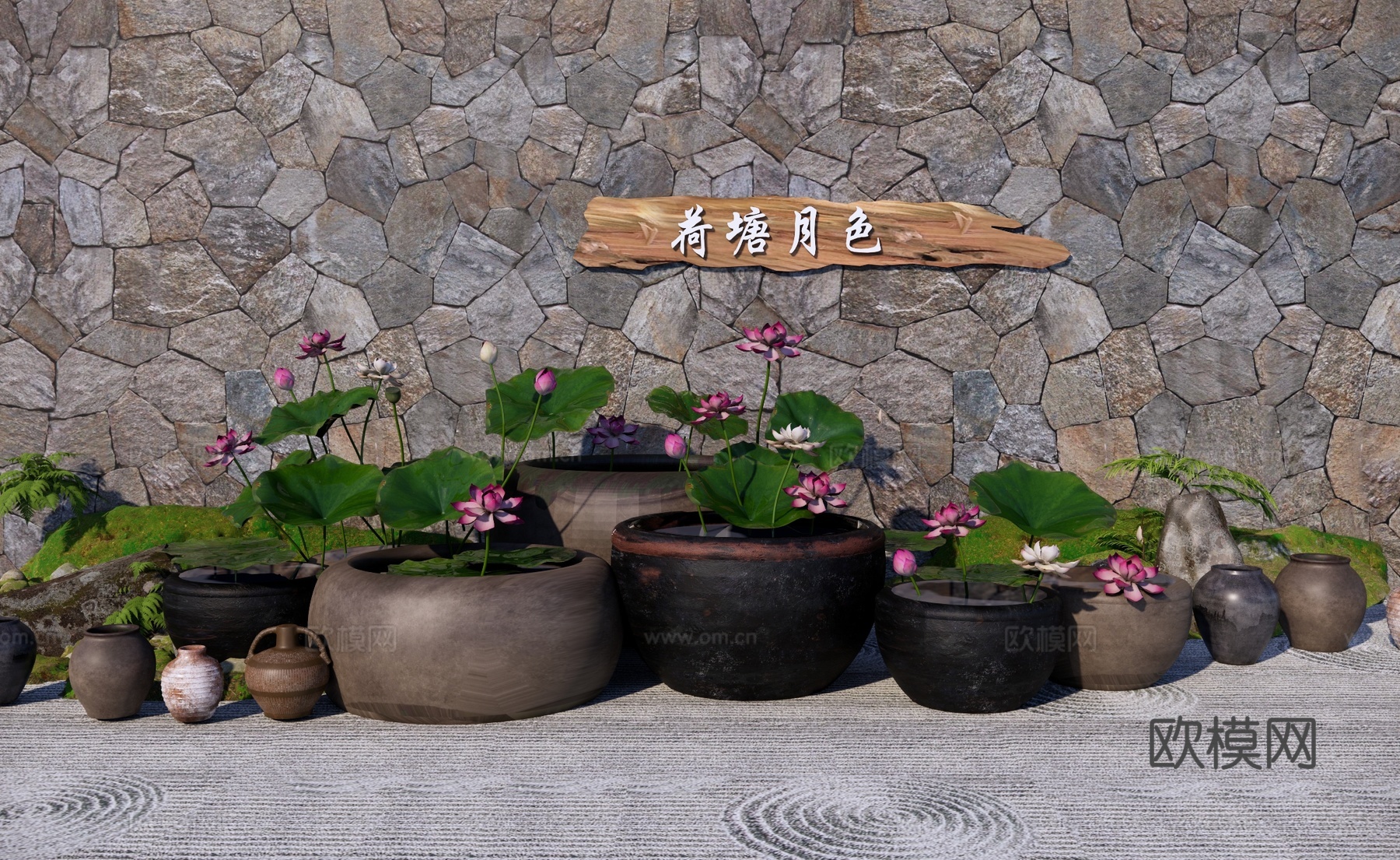禅意水缸小品 荷花缸 莲蓬 陶罐 庭园小品 户外小品摆件su模型