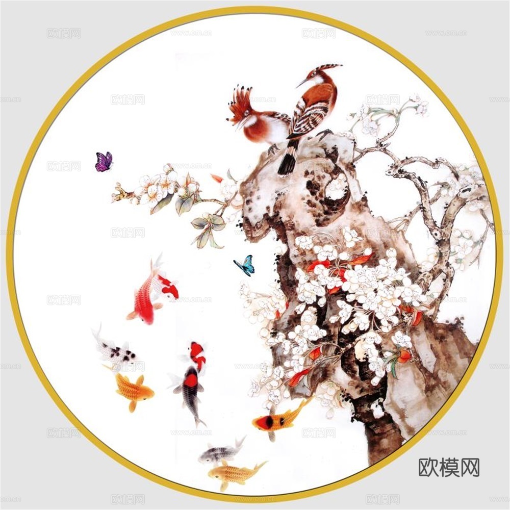 新中式圆形水墨山水装饰画壁画