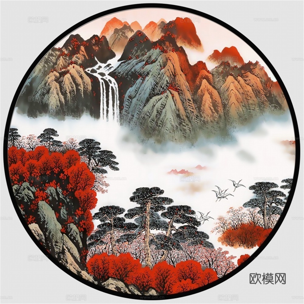 新中式圆形水墨山水装饰画壁画