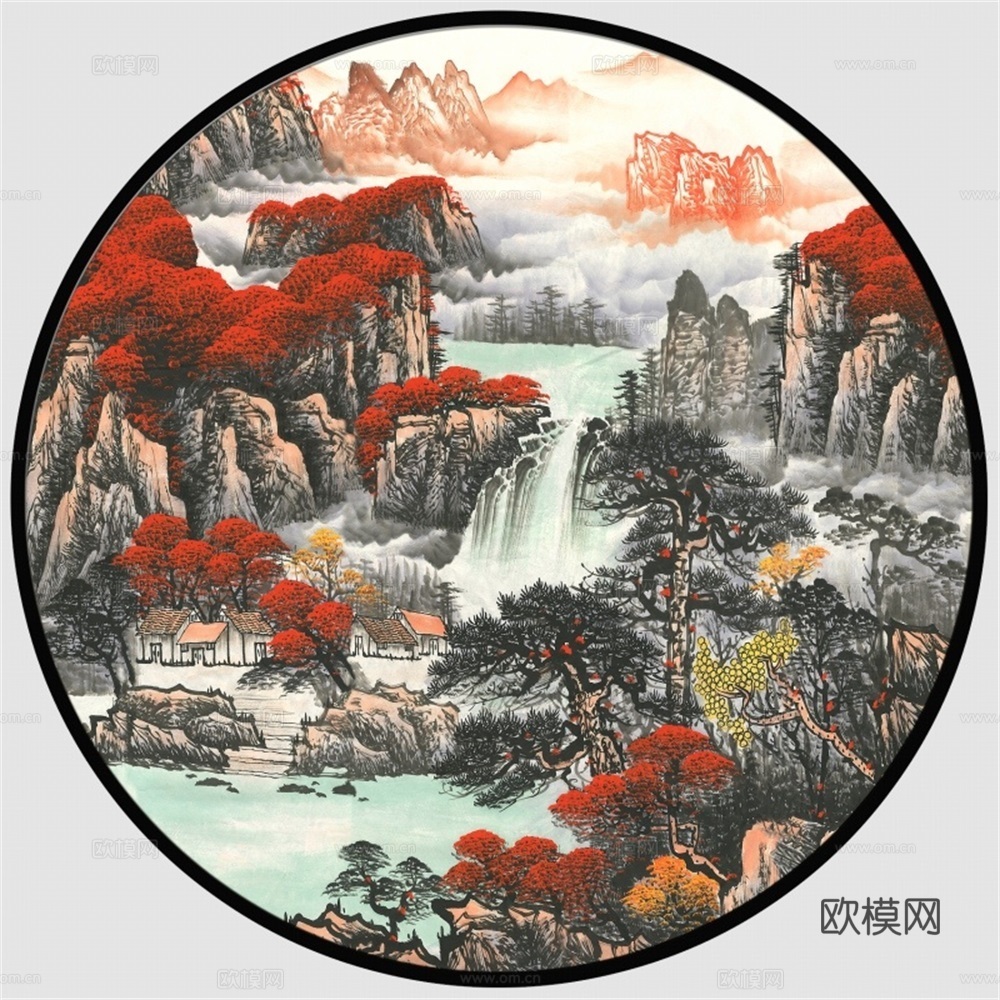 新中式圆形水墨山水装饰画壁画