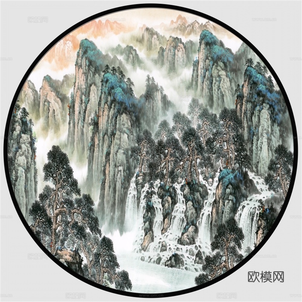 新中式圆形水墨山水装饰画壁画