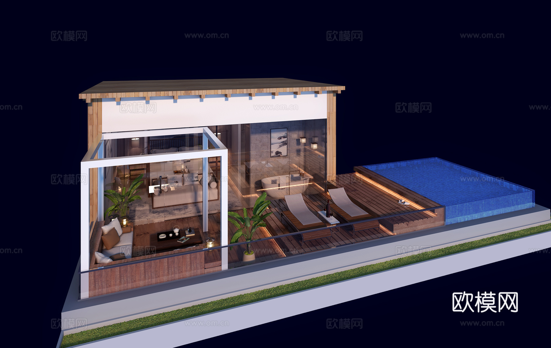 禅意中式海边别墅露台 花园 躺椅 沙发3d模型