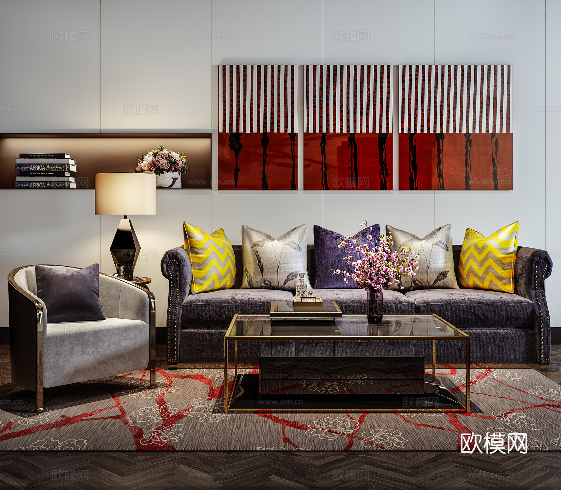 新中式沙发茶几组合  挂画花瓶花卉 休闲椅台灯su模型下载（渲染图1）