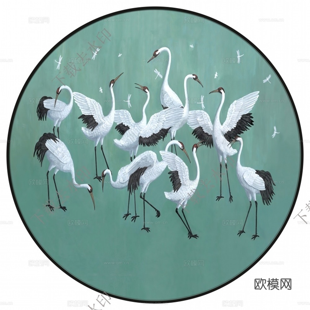 新中式圆形仙鹤装饰画壁画