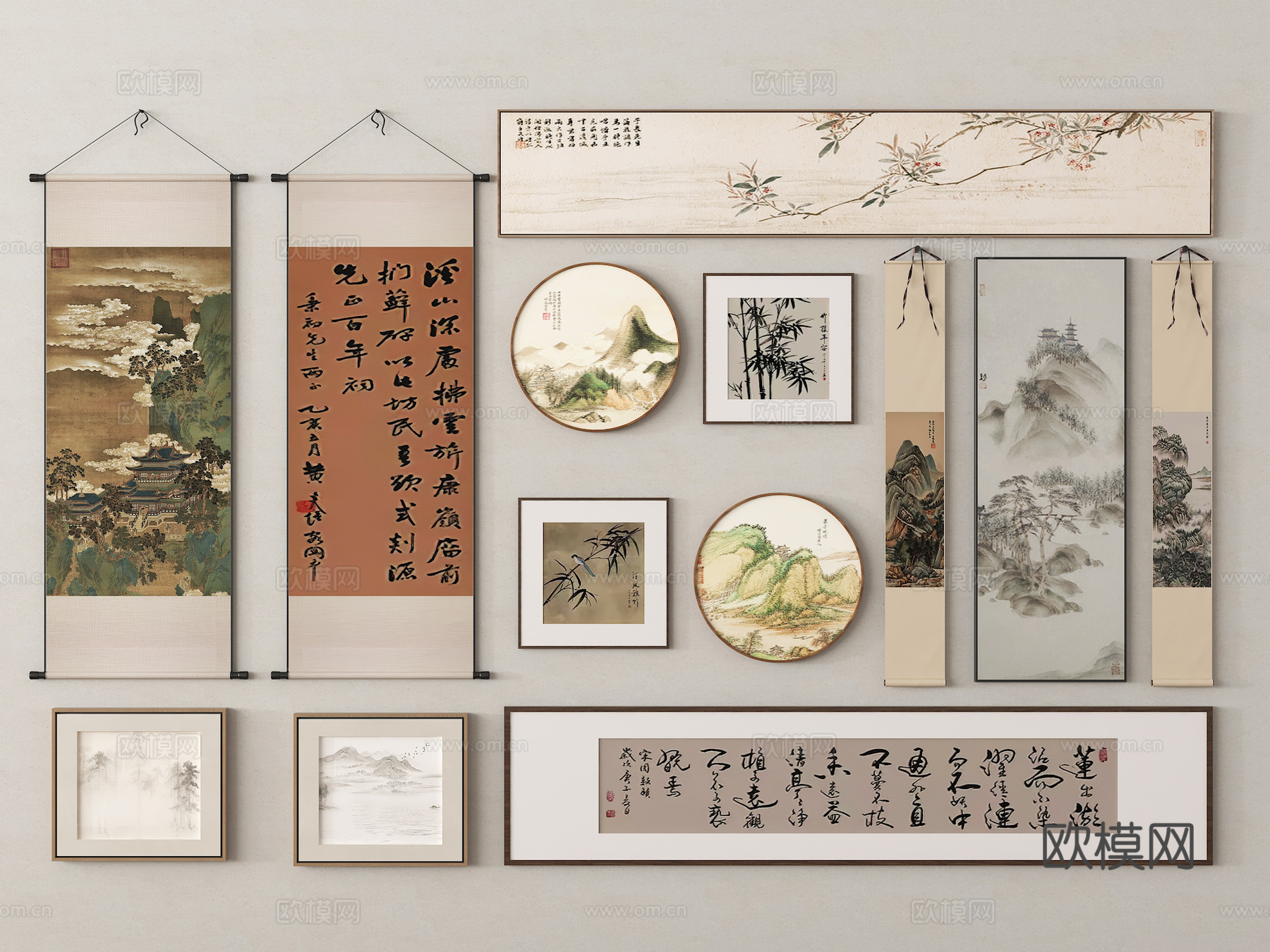 新中式挂画组合 装饰画 字画 国画 山水画 画卷 书法字画su模型