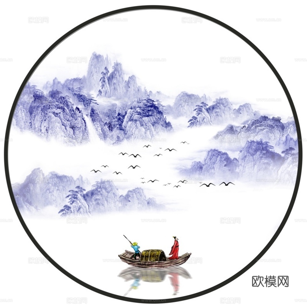 新中式圆形水墨山水装饰画壁画