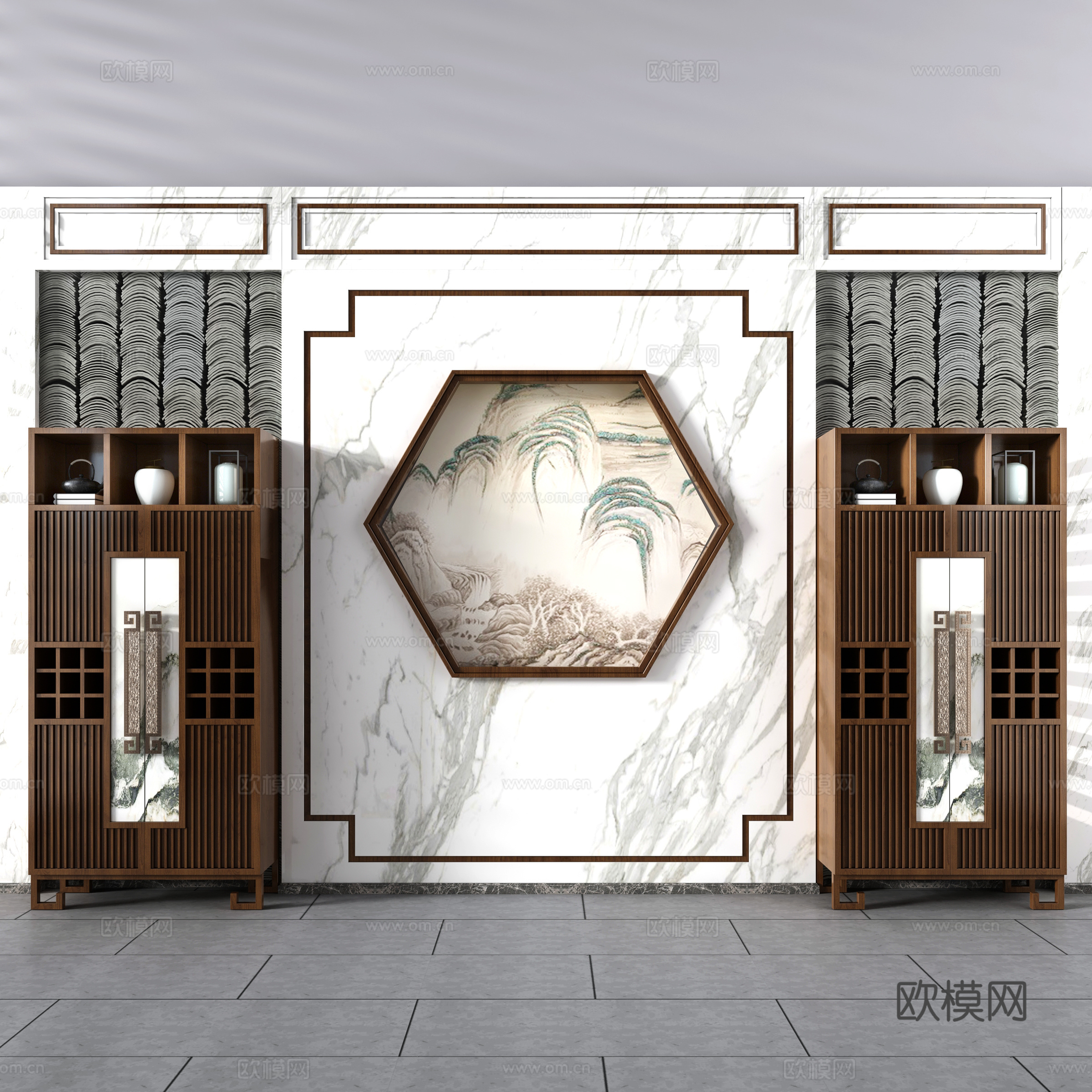 新中式酒柜 瓦片 瓦装饰柜 背景墙 新中式餐厅 新中式背3d模型