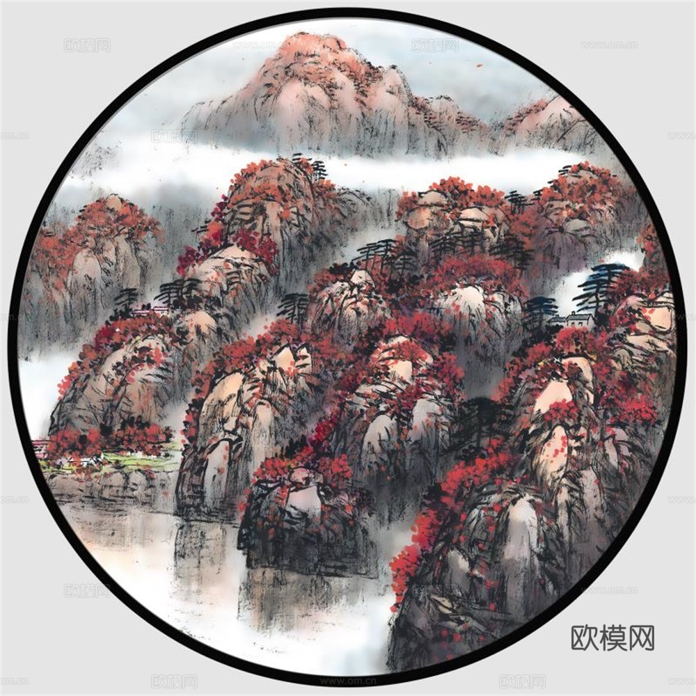 新中式圆形水墨山水装饰画壁画