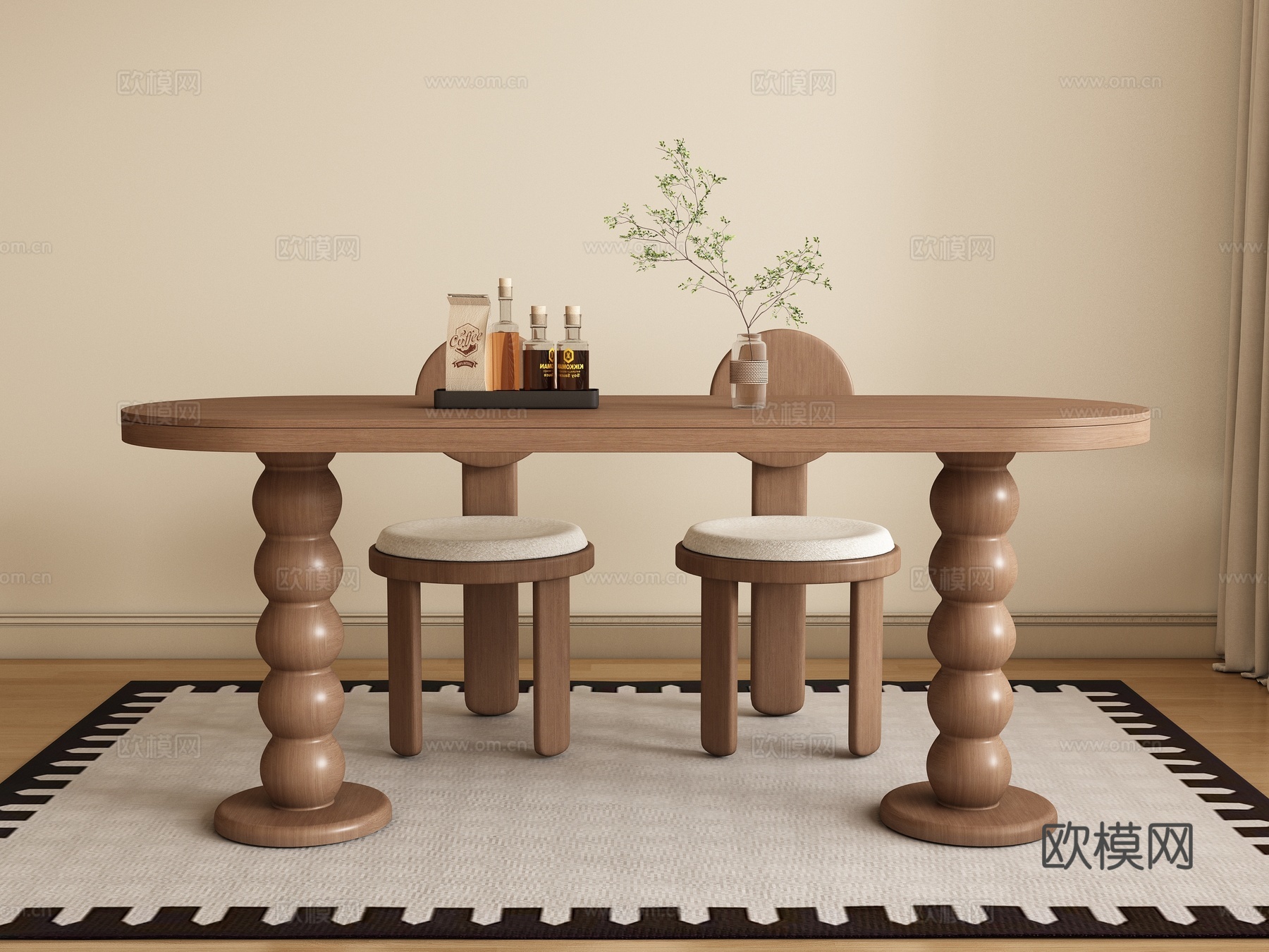 现代中古风餐桌椅su模型下载（渲染图1）