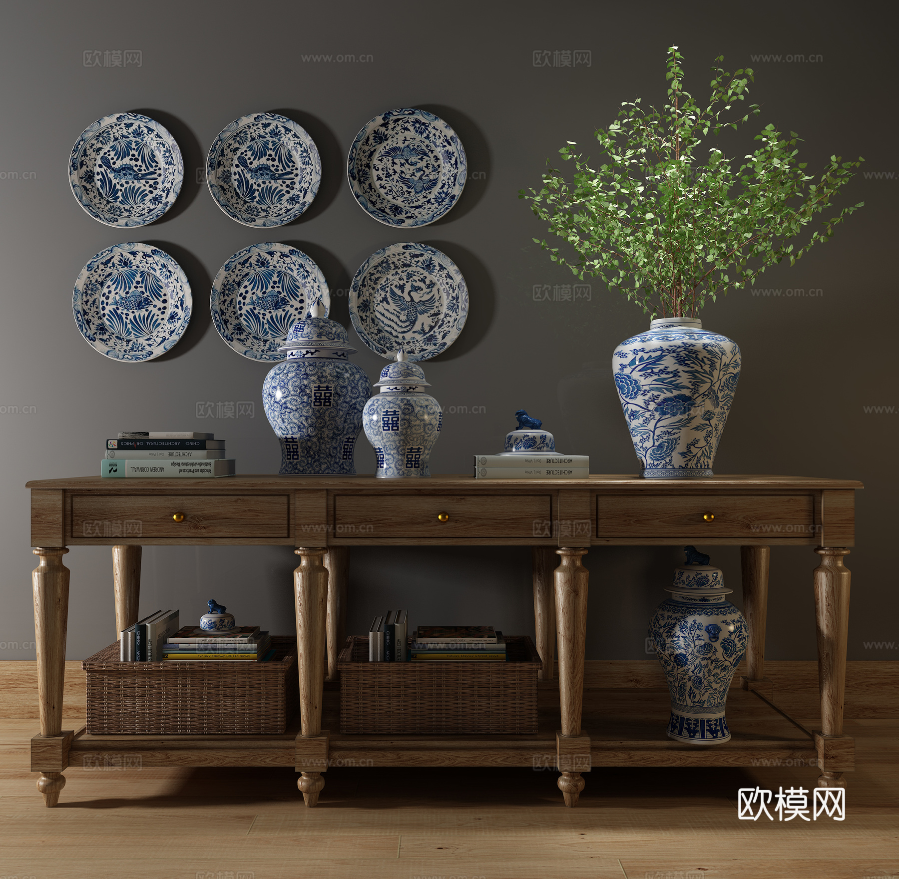 传统中式端景台陶瓷陈设品组合3d模型