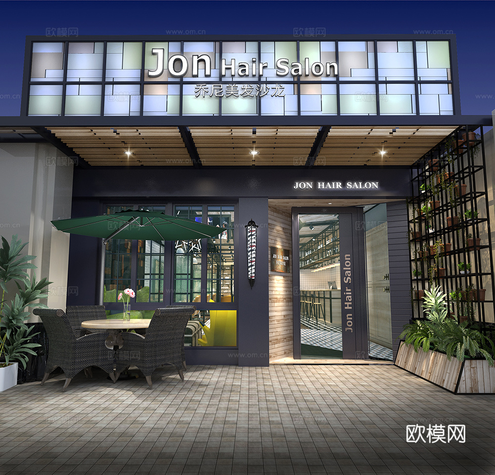 工业风理发店门店 休闲椅子太阳伞 植物3d模型