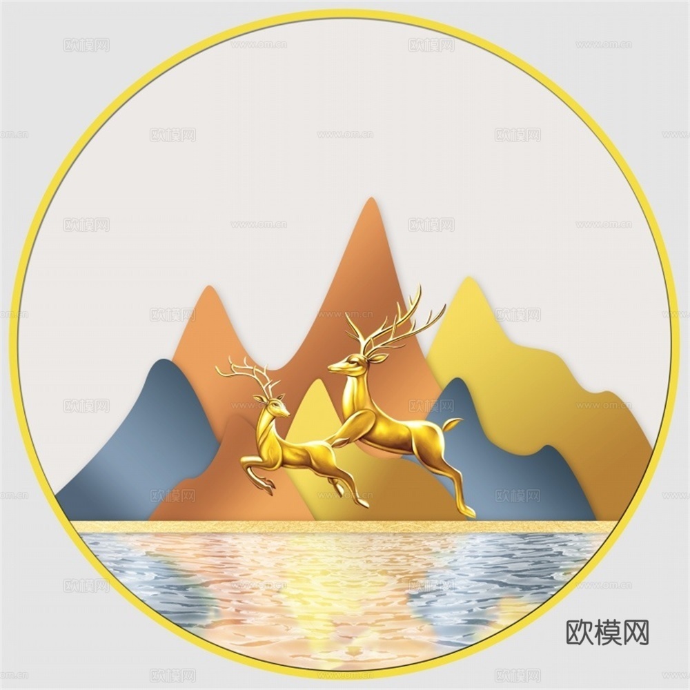 新中式圆形福鹿临门装饰画壁画