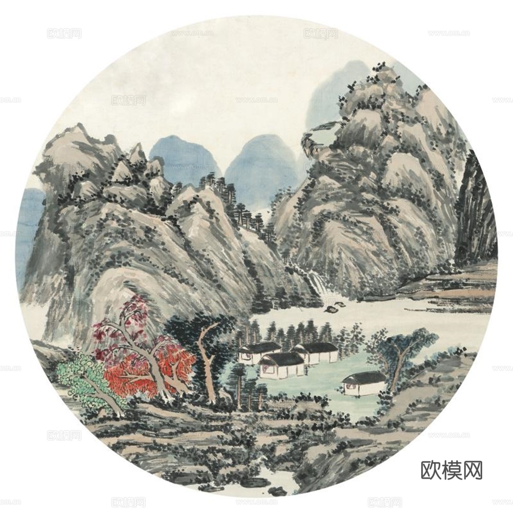 新中式圆形水墨山水装饰画壁画