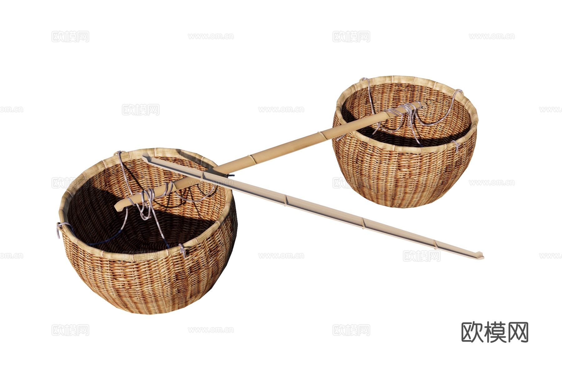 扁担箩筐 现代农村农具用品 竹编箩筐su模型