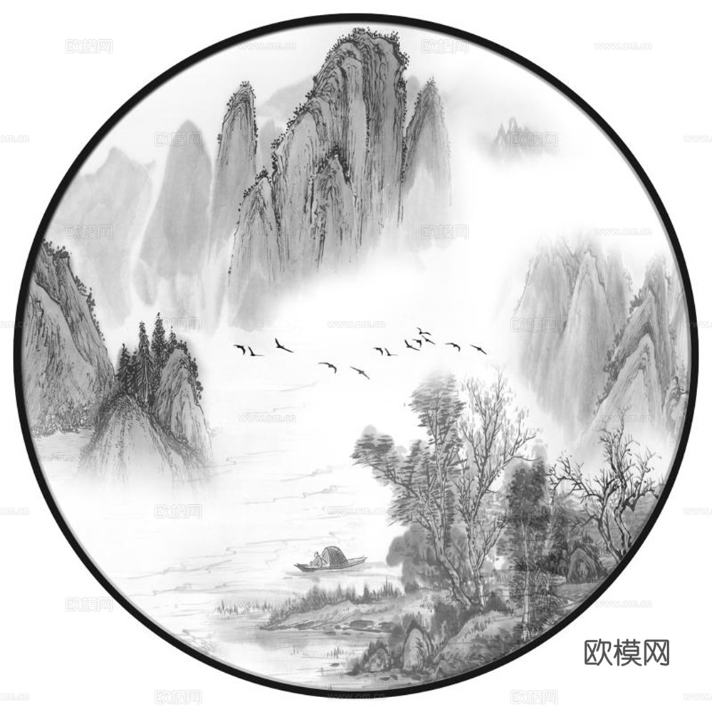 新中式圆形水墨山水装饰画壁画