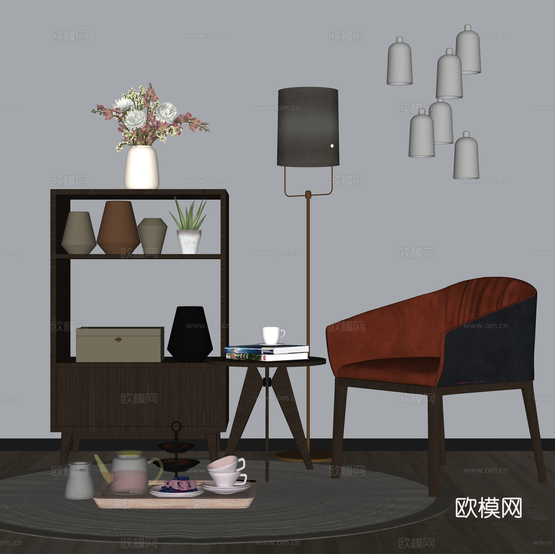 中古风休闲椅 椅子茶几组合  边柜装饰柜 饰品摆件su模型
