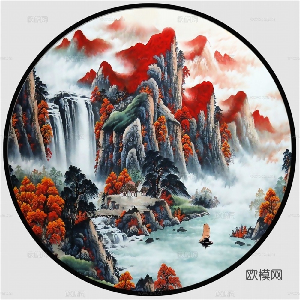 新中式圆形水墨山水装饰画壁画