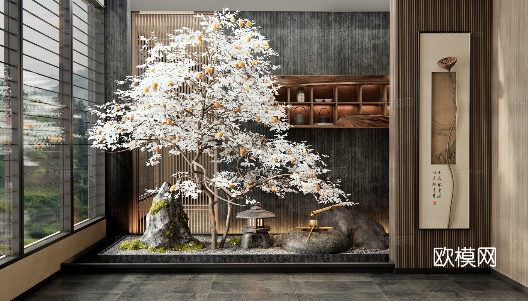 新中式室内景观 装饰挂画 墙饰挂件 植物造景 天井景观 苔藓su模型