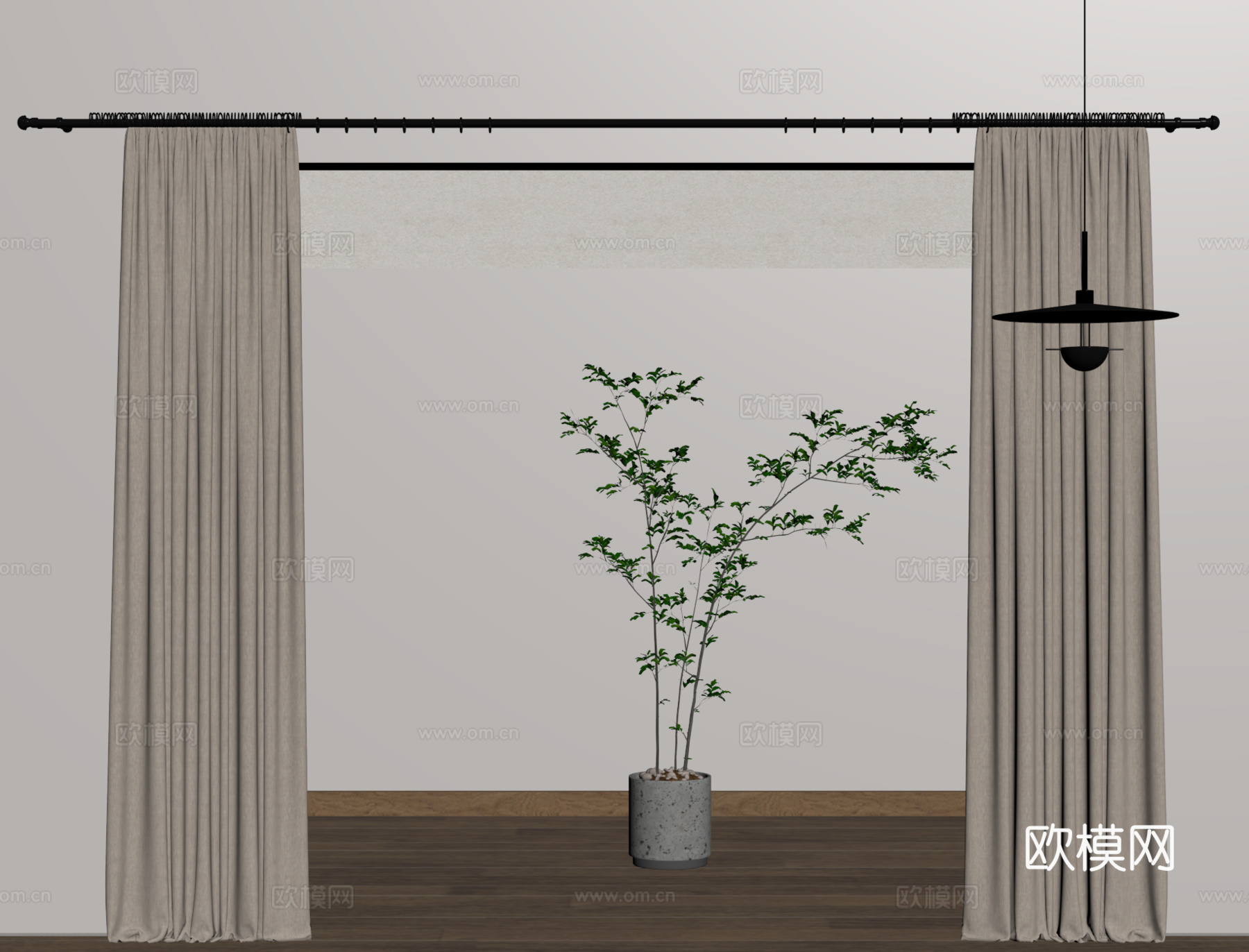 现代窗帘  布帘 纱帘 褶帘 盆栽su模型