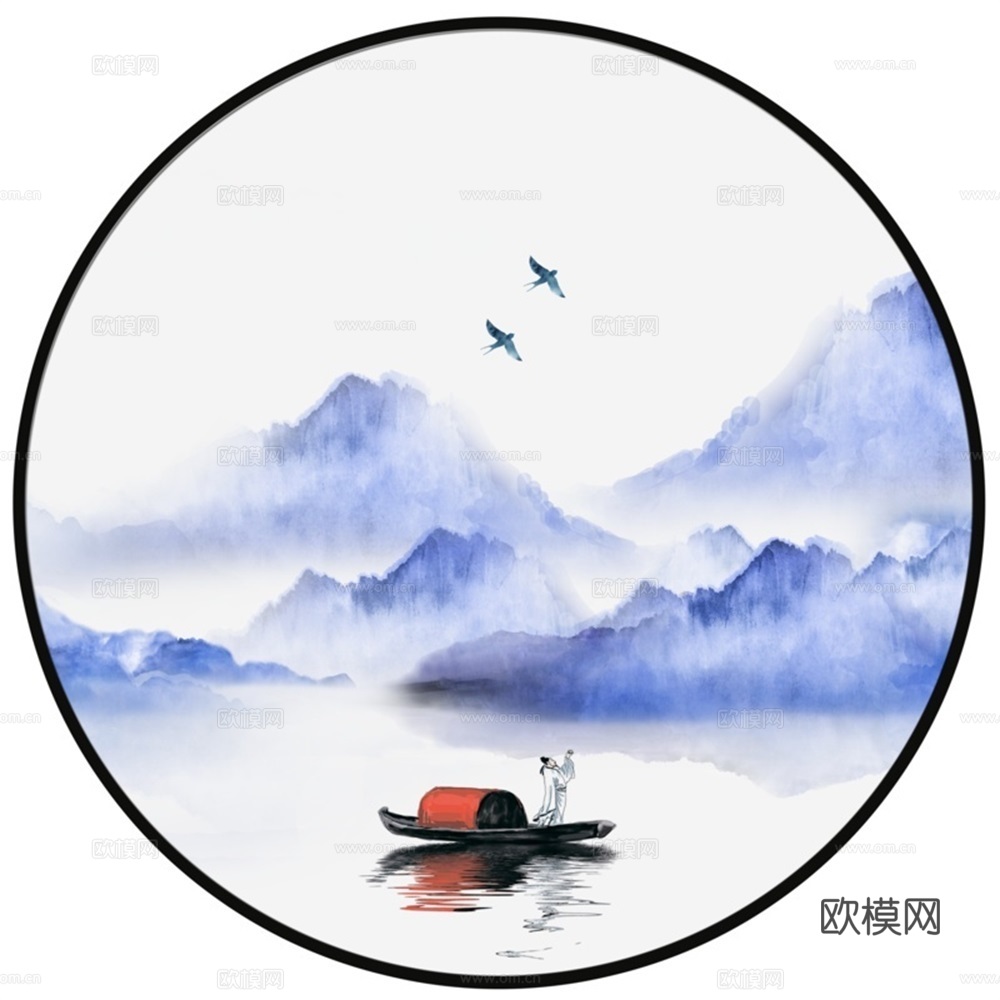 新中式圆形水墨山水装饰画壁画