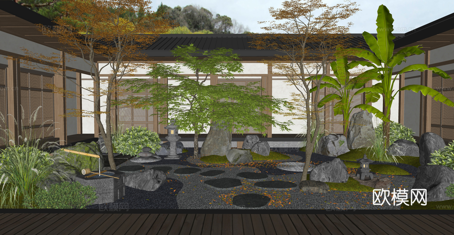 新中式禅意庭院景观 枯山水 景观石头 汀步 中庭造景su模型