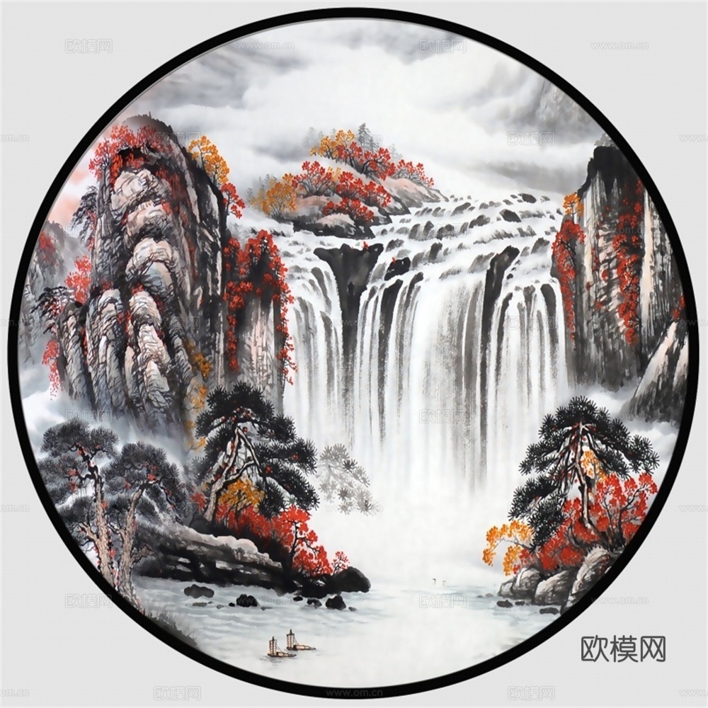 新中式圆形水墨山水装饰画壁画