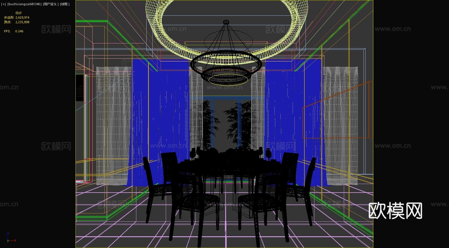 新中式餐厅餐桌餐椅餐具吊灯挂画窗帘包间3d模型