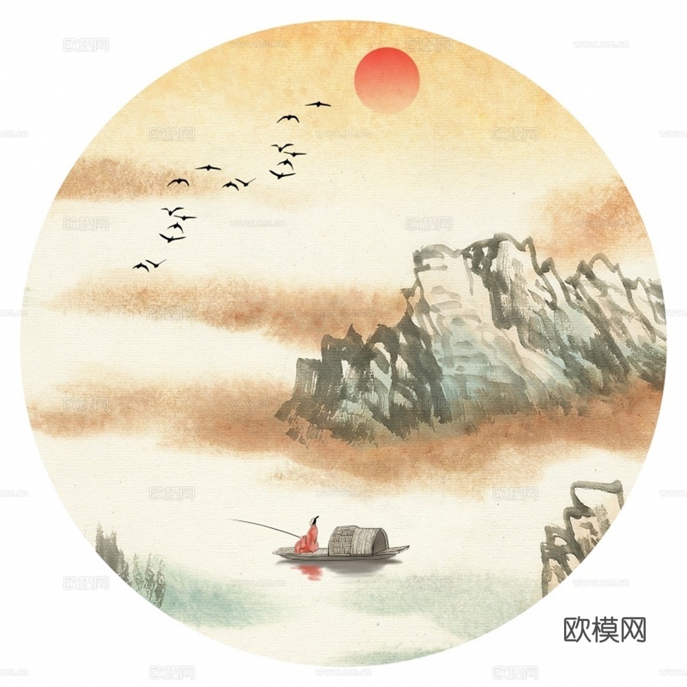 新中式圆形水墨山水装饰画壁画下载