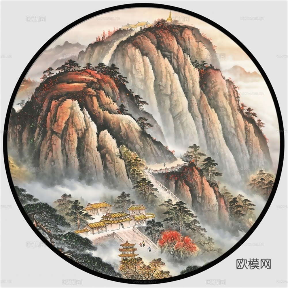 新中式圆形水墨山水装饰画壁画