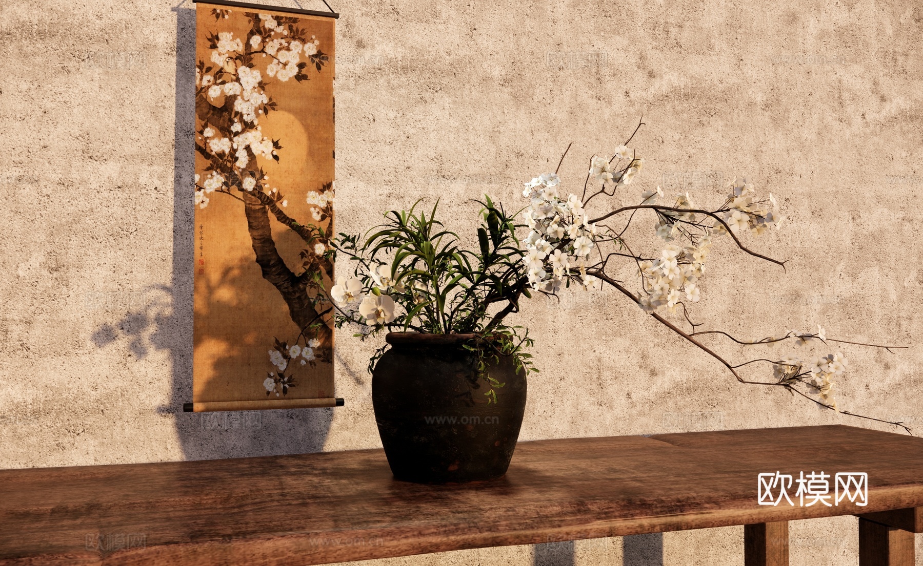 花瓶花艺 海棠花 梅花插花 陶罐花艺 侘寂中古风花瓶花艺su模型