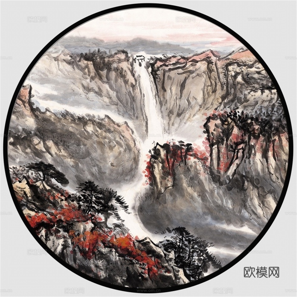 新中式圆形水墨山水装饰画壁画