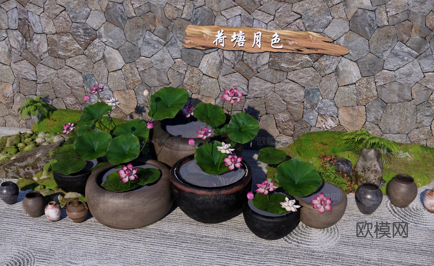 禅意水缸小品 荷花缸 莲蓬 陶罐 庭园小品 户外小品摆件su模型