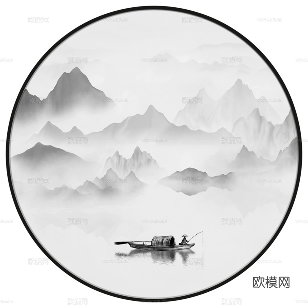 新中式圆形水墨山水装饰画壁画
