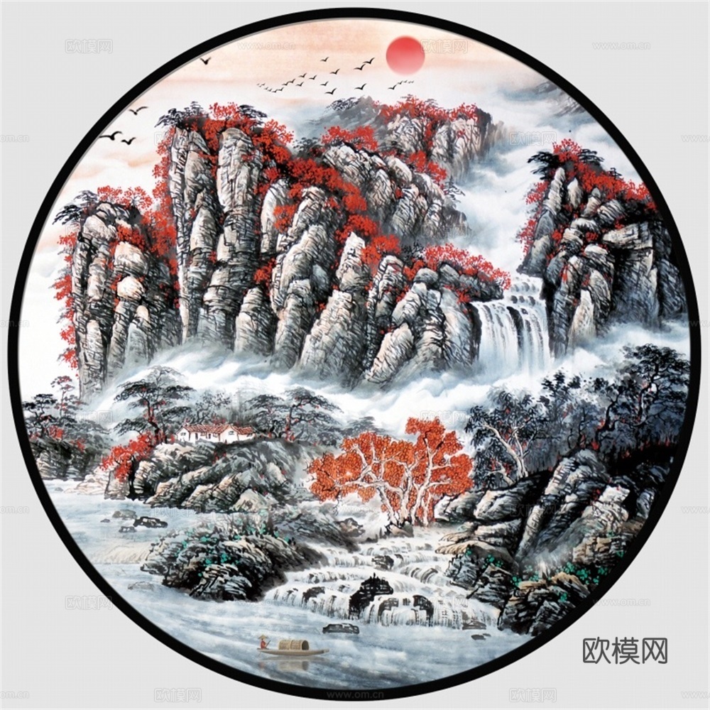新中式圆形水墨山水装饰画壁画