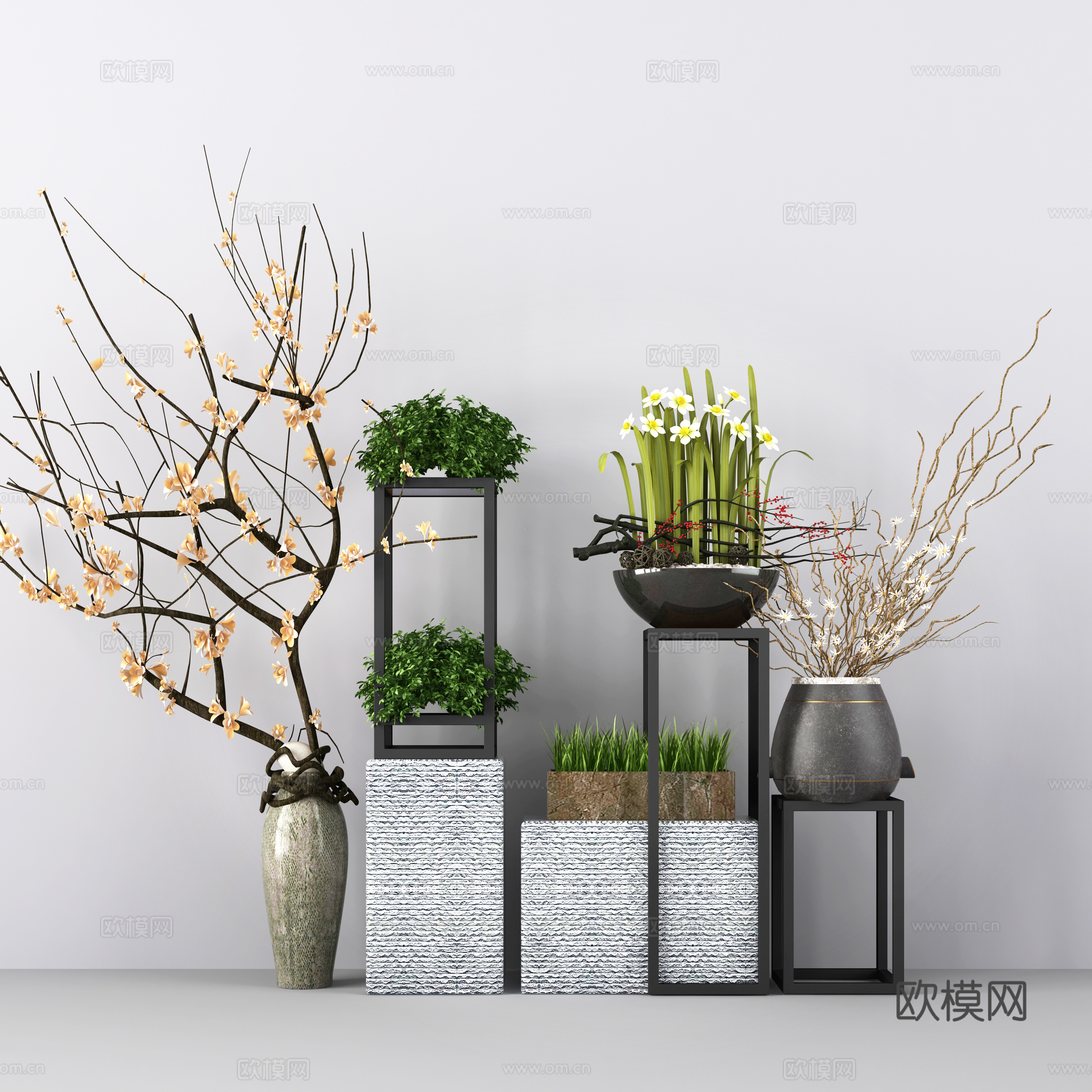 新中式干花植物角几摆件3d模型