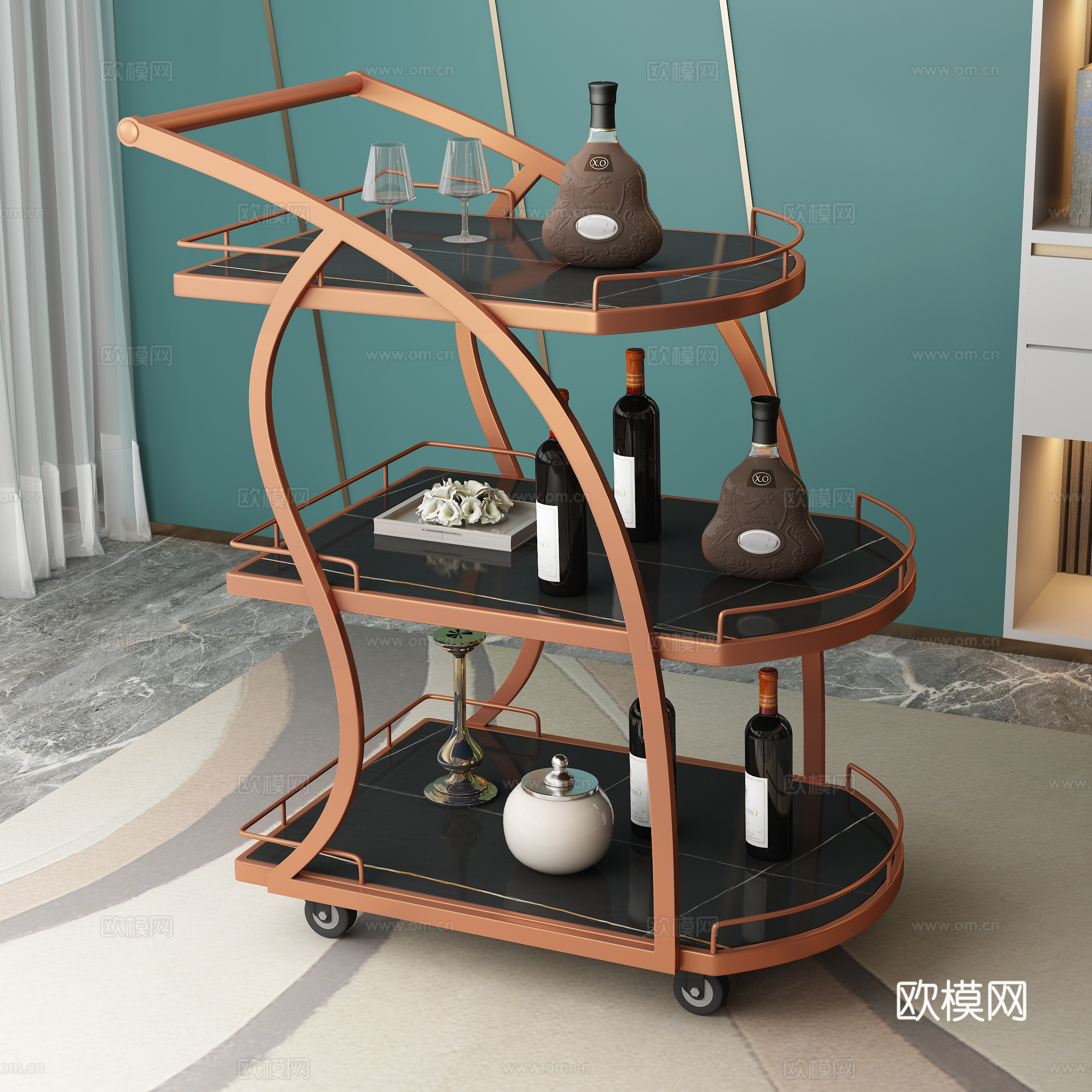 现代餐车手推车玫瑰金色3d模型