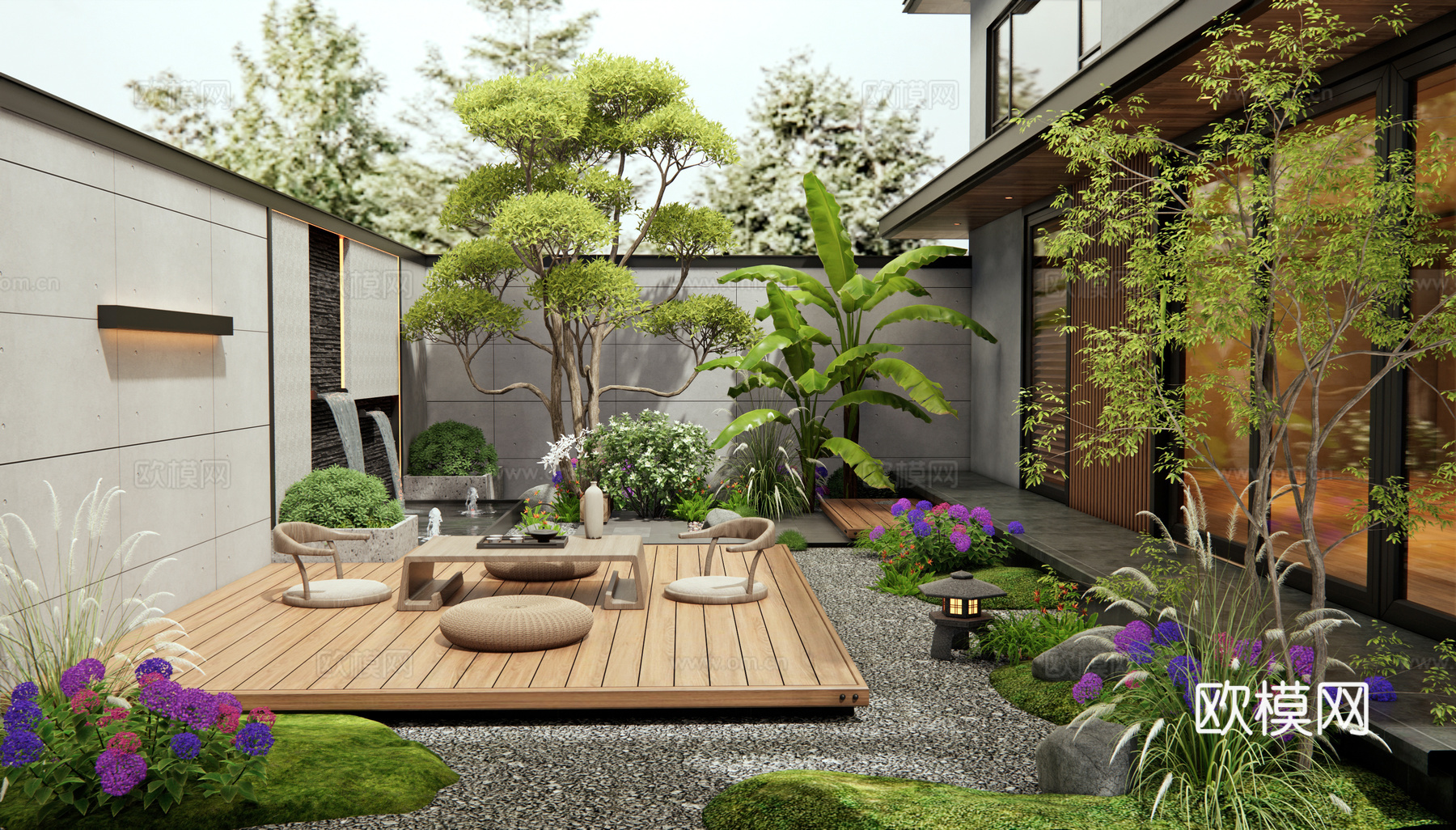 现代别墅庭院景观 水景 植物造景 花草 景观树 植物景观su模型