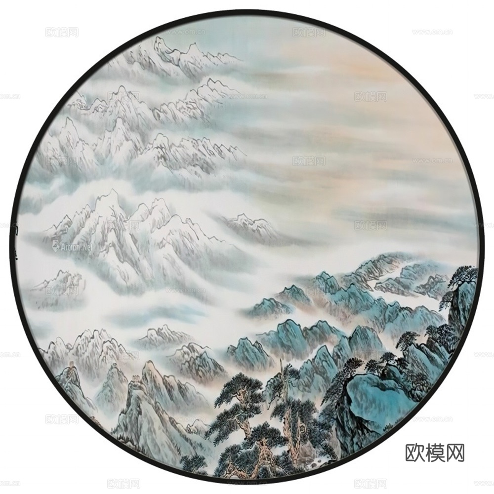 新中式圆形水墨山水装饰画壁画
