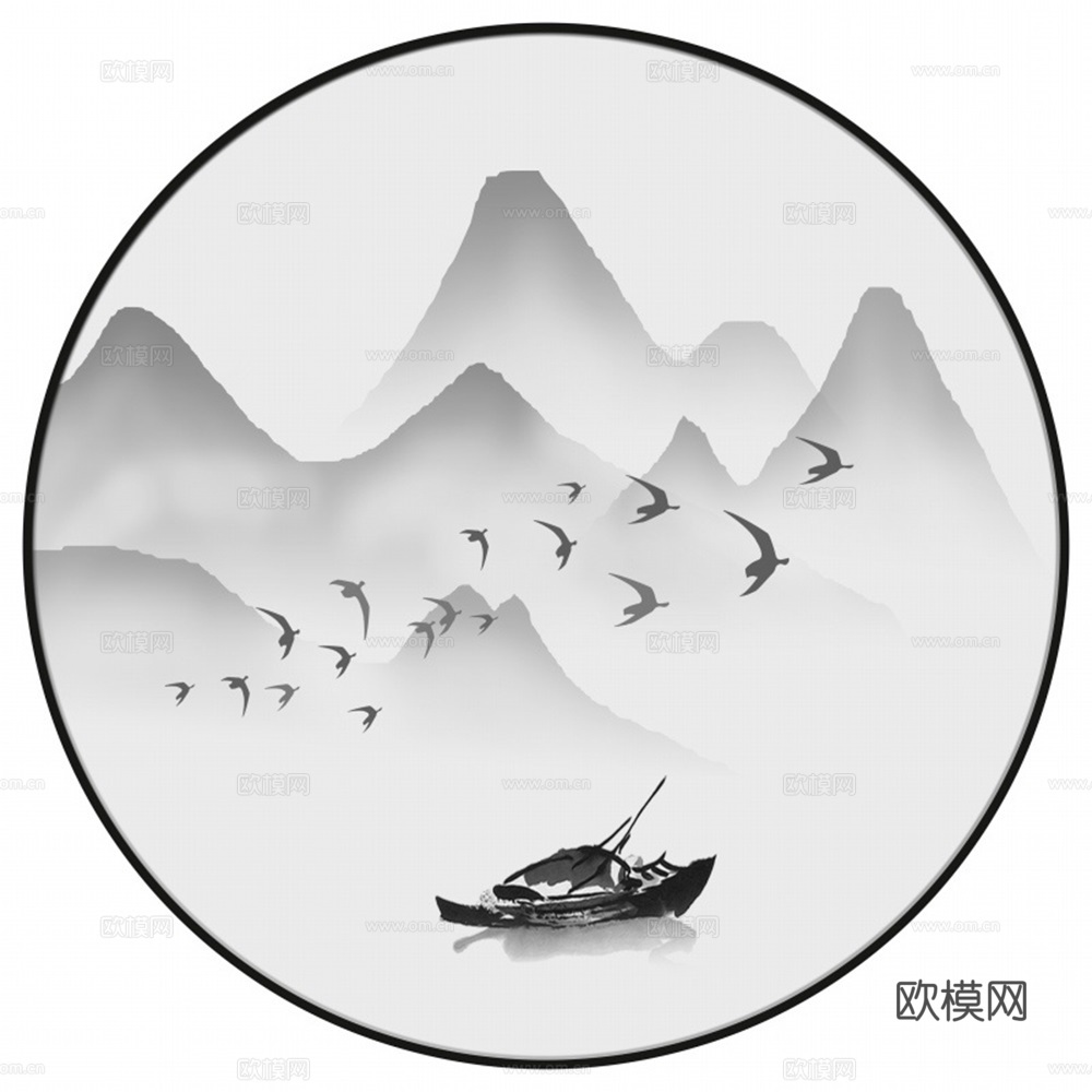 新中式圆形水墨山水装饰画壁画
