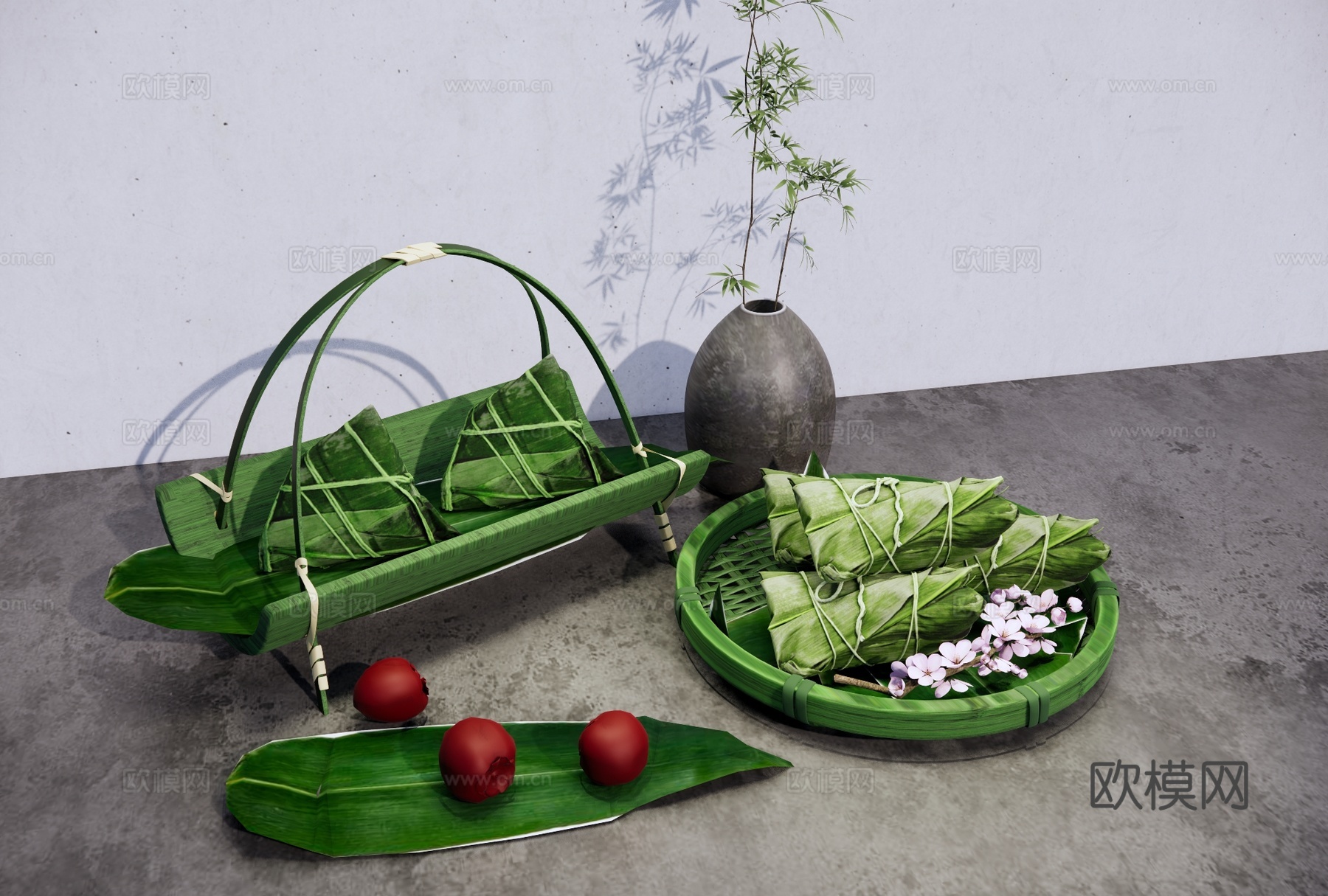 中式端午节粽子 三角粽 糕点 竹叶 竹子花瓶 桃花 红枣 竹su模型