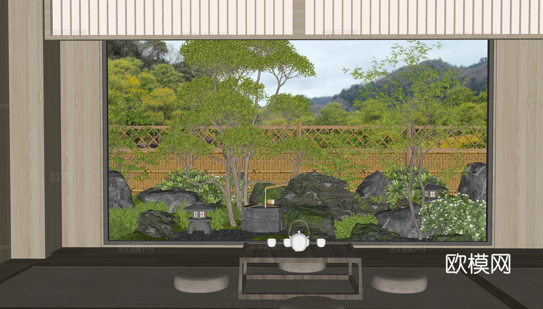 日式禅意庭院景观 水钵水景 景观石头 植物景观 枯山水 汀步su模型