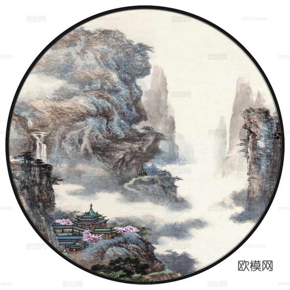 新中式圆形水墨山水装饰画壁画
