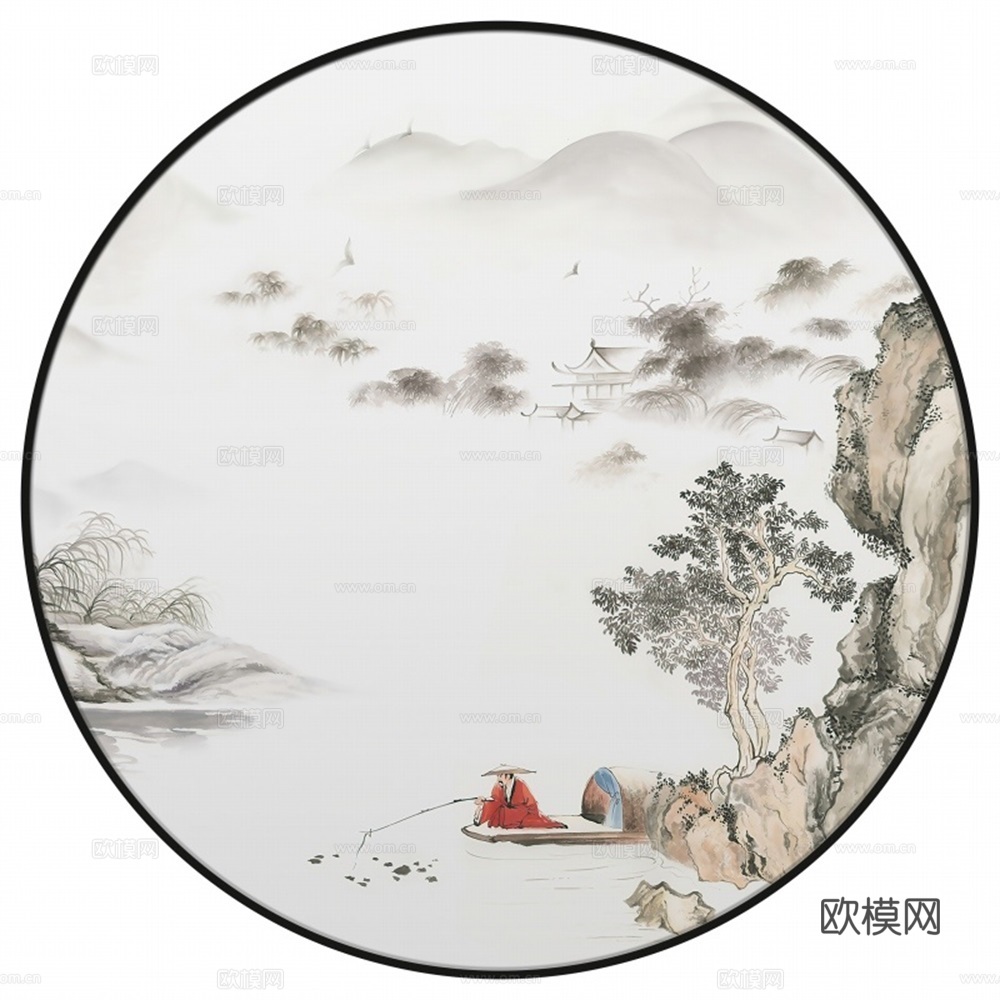 新中式圆形水墨山水装饰画壁画